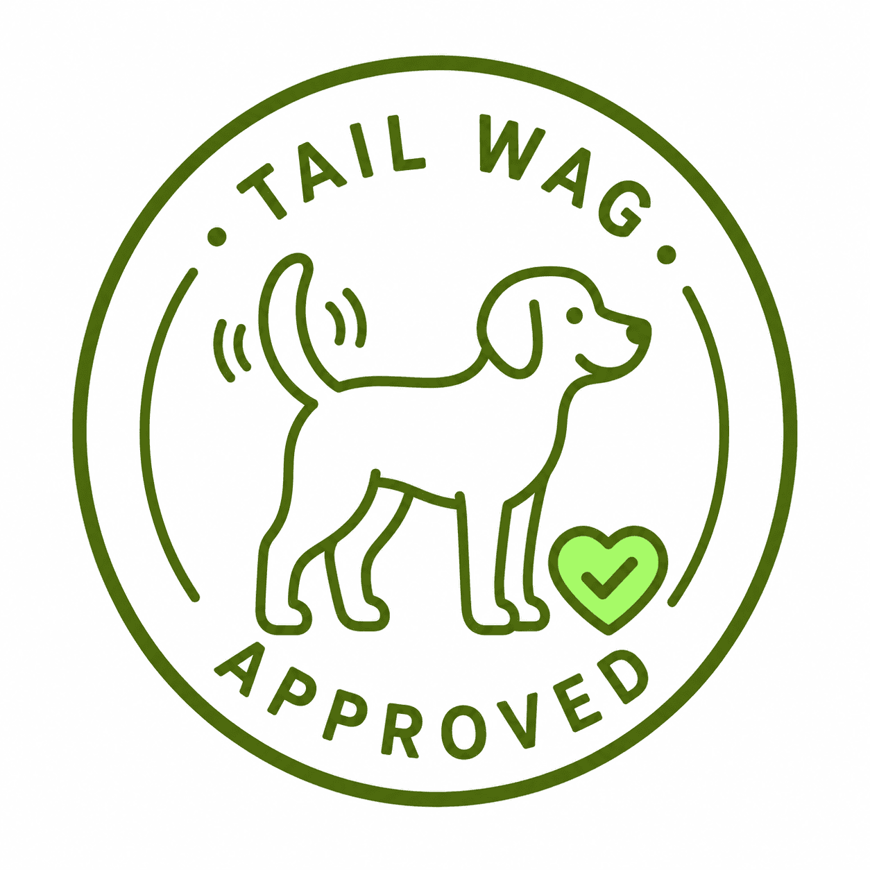 Tail wag approved Stylised image with dog outline and wagging tail saying Tail Wag Approved