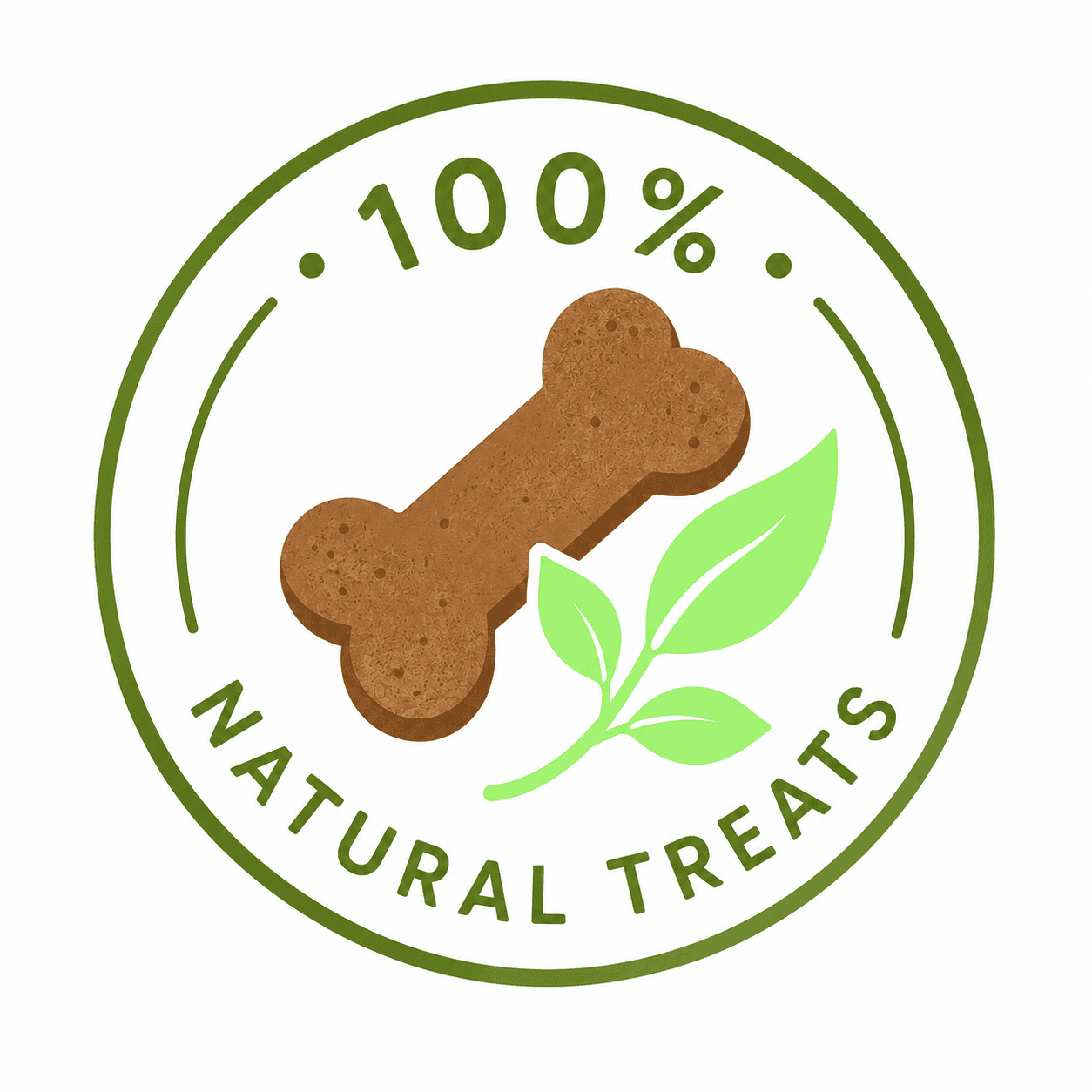 100% natural Icon image showing a dog bone and leaves.