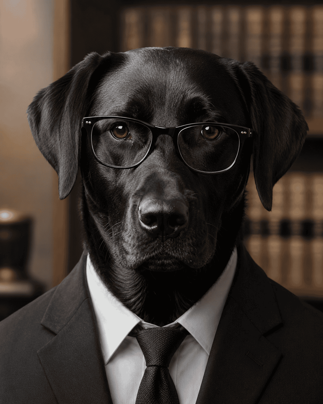 Wag Swag Privacy Policy Black dog wearing glasses and a shirt looking very legal.