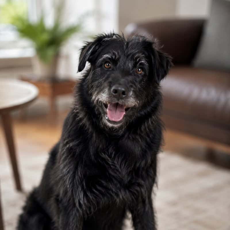 about-behind-the-wagging-square Scruffy black rescue-type dog sitting happily in a cosy living room