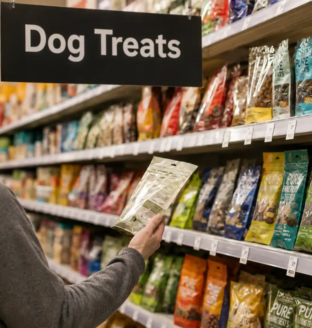 about-how-it-started-square Looking at dog treat packet ingredients in a supermarket.