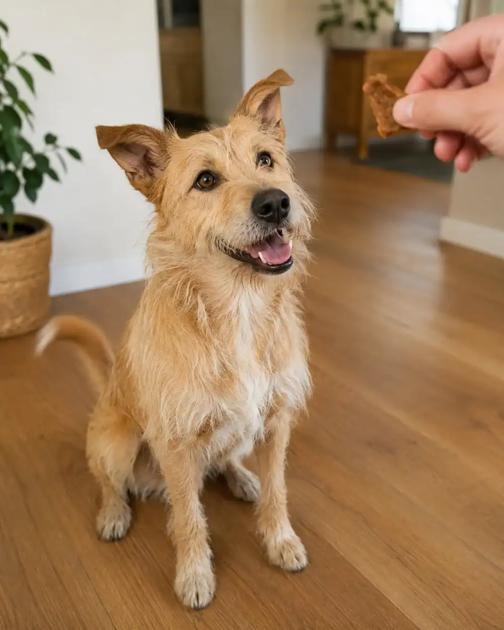 about-how-we-choose Eagar looking scruffy tan dog waiting for a treat held out by a hand