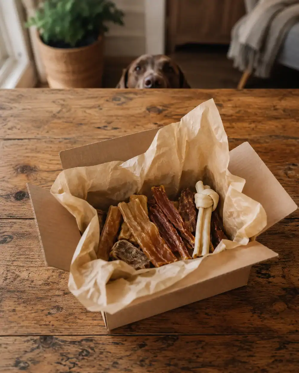 about-small-business Chocolate Labrador sniffing a box of natural treats on a wooden table.
