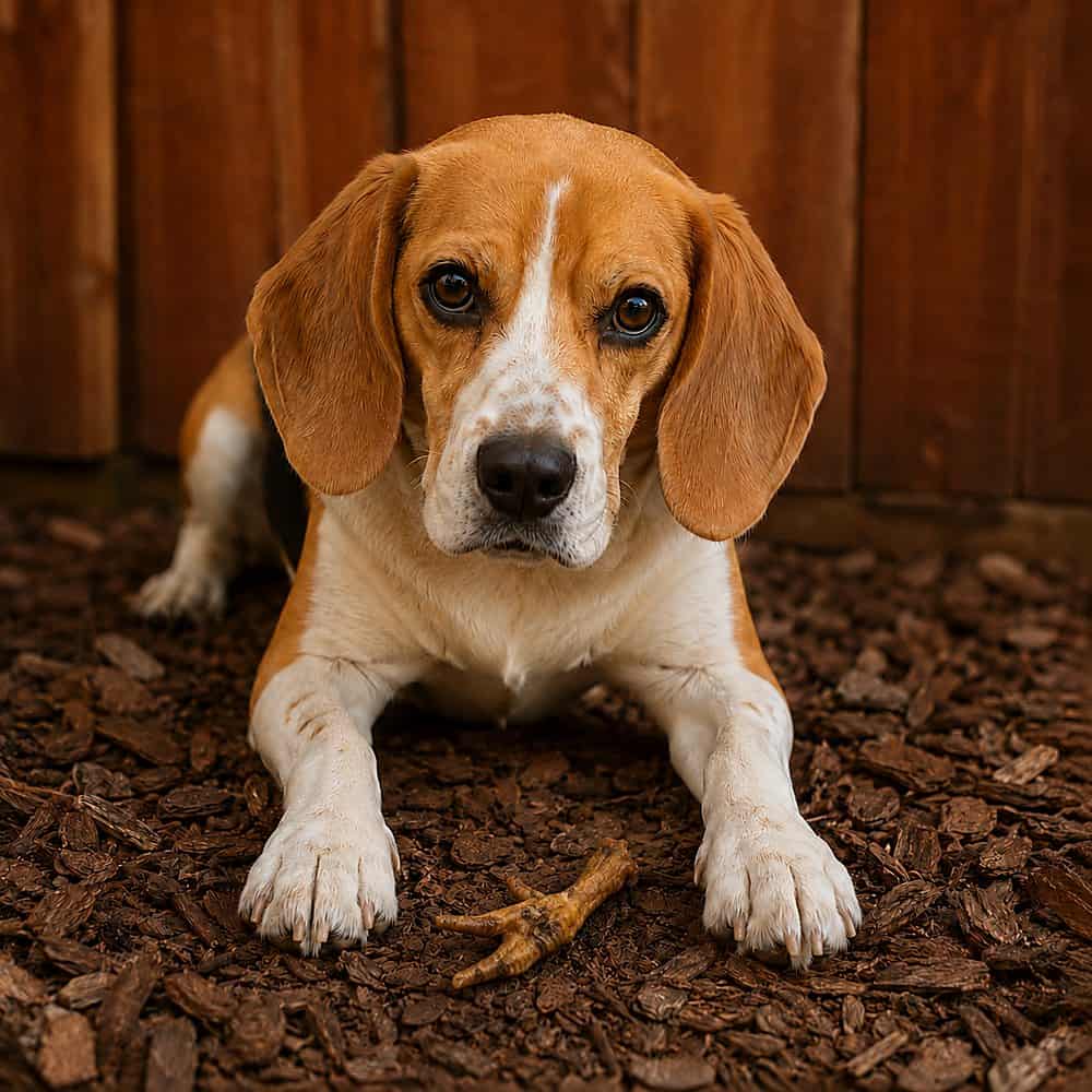 Beagle lying down with a dried chicken foot treat between its front paws