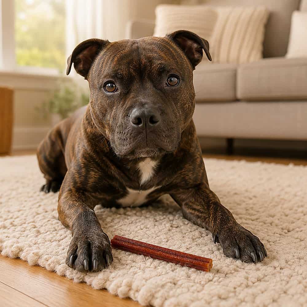 Staffordshire bull terrier lying on a rug with a collagen cigar dog chew between its paws