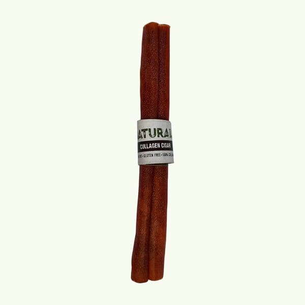 Single buffalo collagen cigar dog chew on a light green background