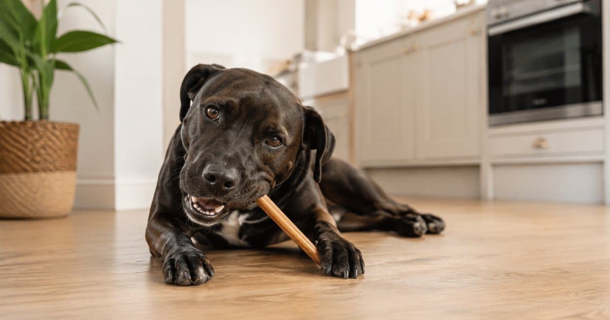 Chocolate coloured dog lying on a wooden floor in the kitchen chewing a stick of collagen.