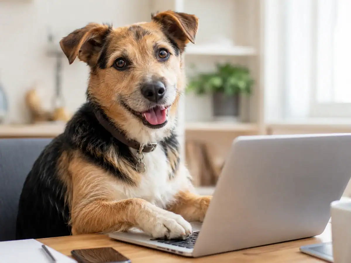 Happy dog sitting at a laptop, ready to reply to your message