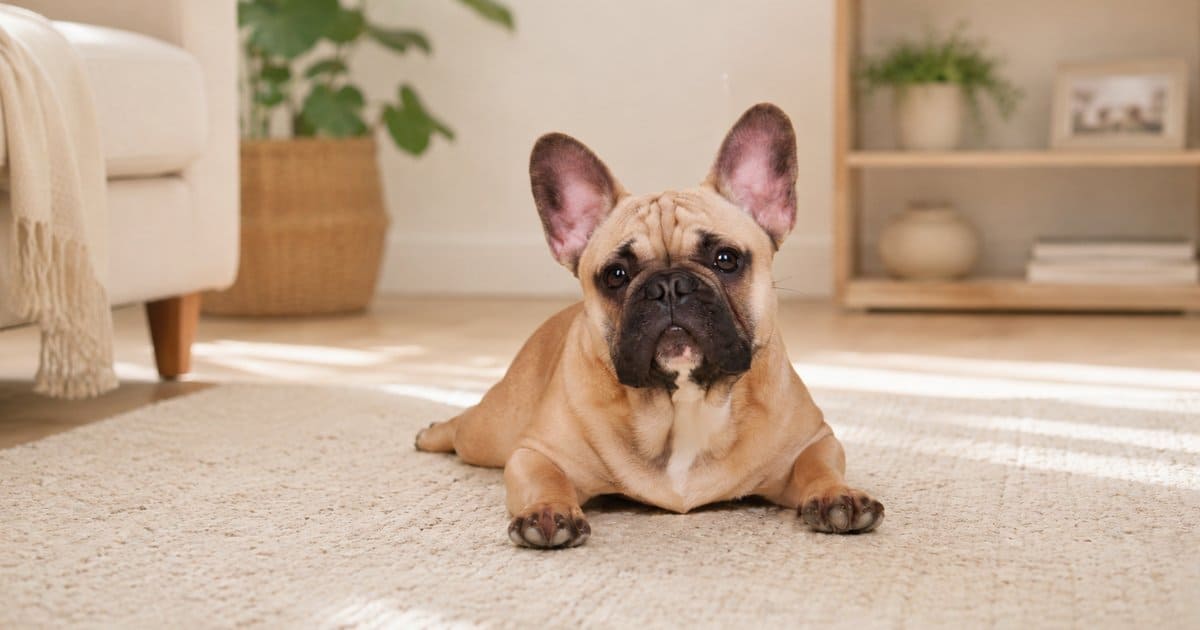 French Bulldog on a cream rug in a home setting