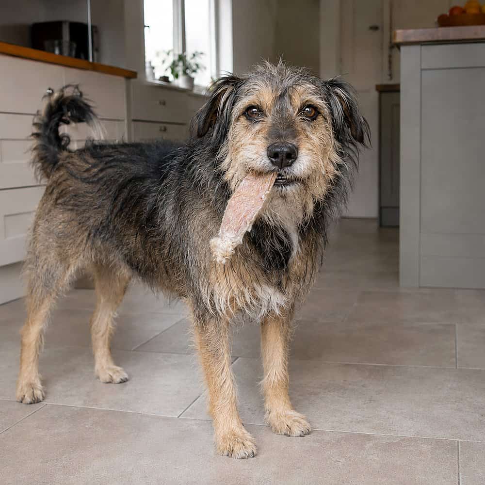 Terrier type dog holding a rabbits ear in its mouth.