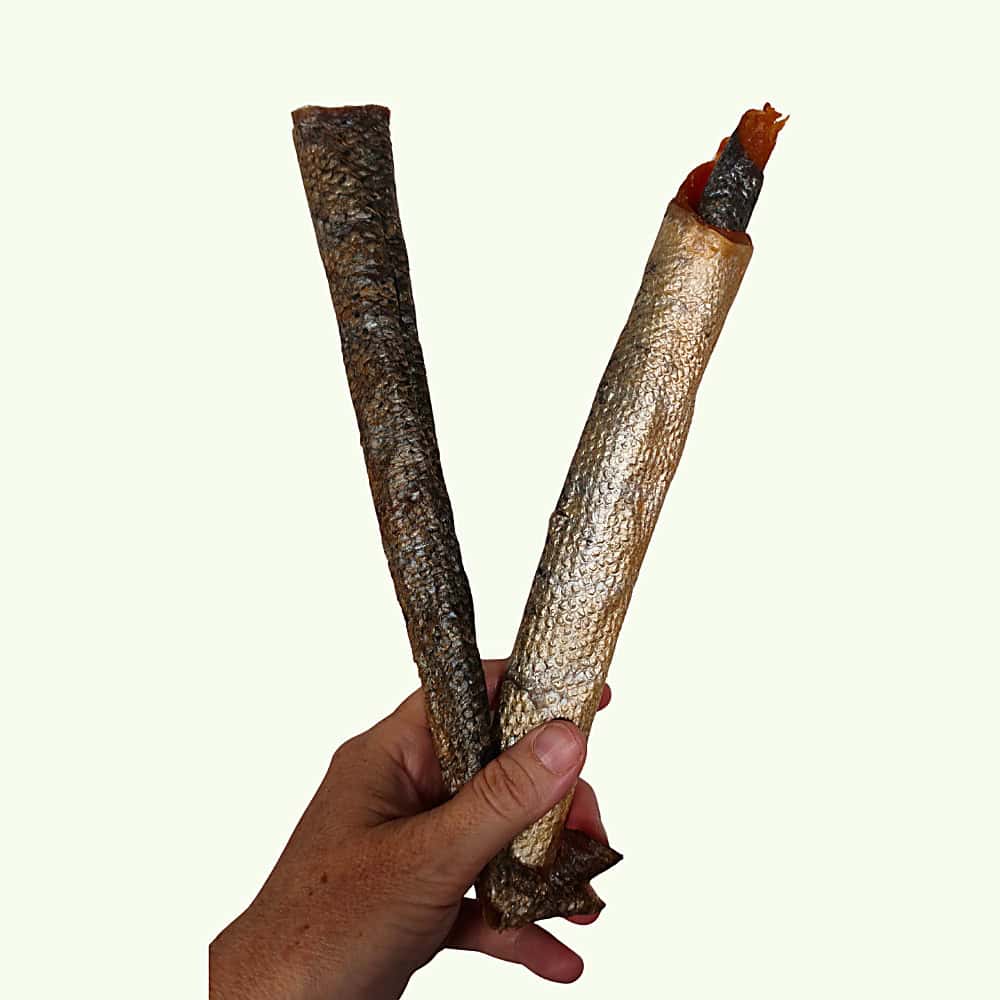 Two salmon skin rolls held in a hand to show their length and thickness
