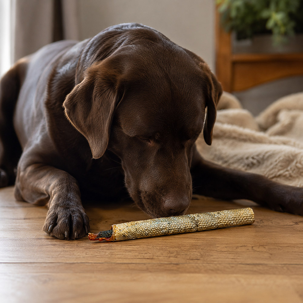 A chocolate labrador lying on a wooden floor sniffing a salmon skin roll dog chew