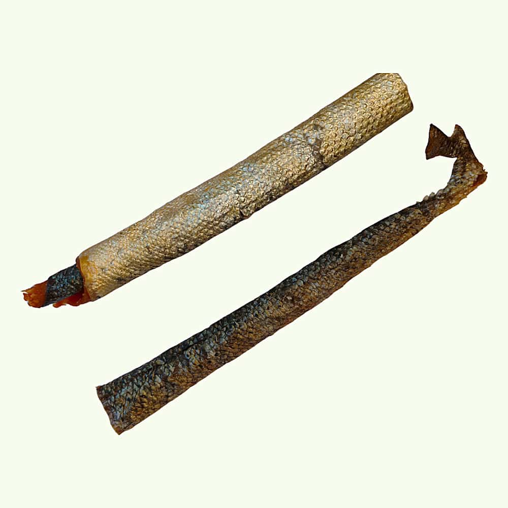 Two salmon skin rolls side by side showing the natural variation in colour and size