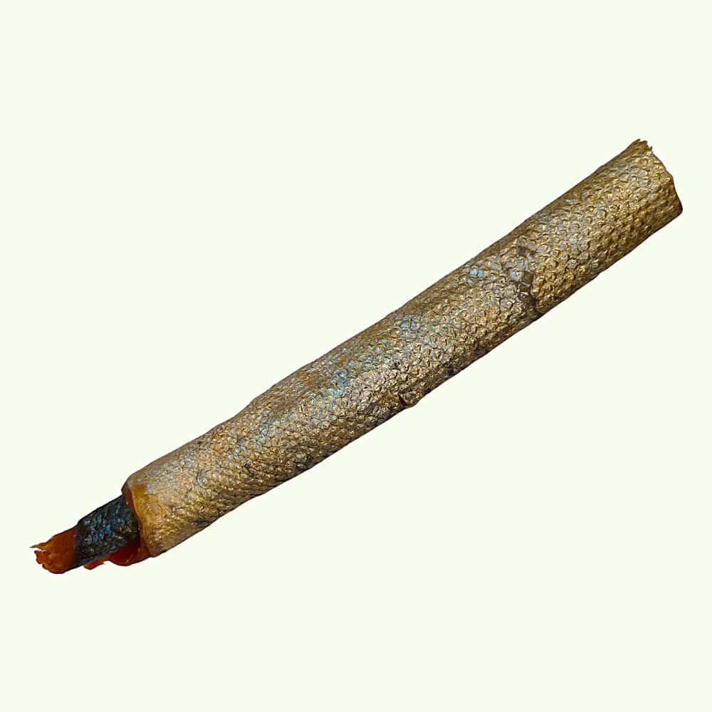 Salmon skin roll dog chew laid on a diagonal, showing the dried scaled skin wrapped into a firm stick