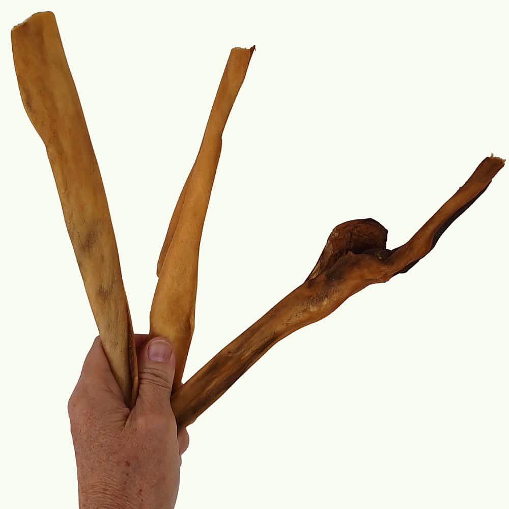 Hand holding three long venison skin dog chews to show their size