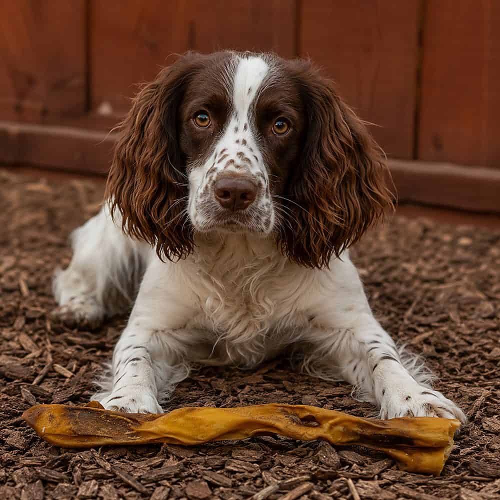 Springer spaniel lying down with a long venison skin chew in front of its paws