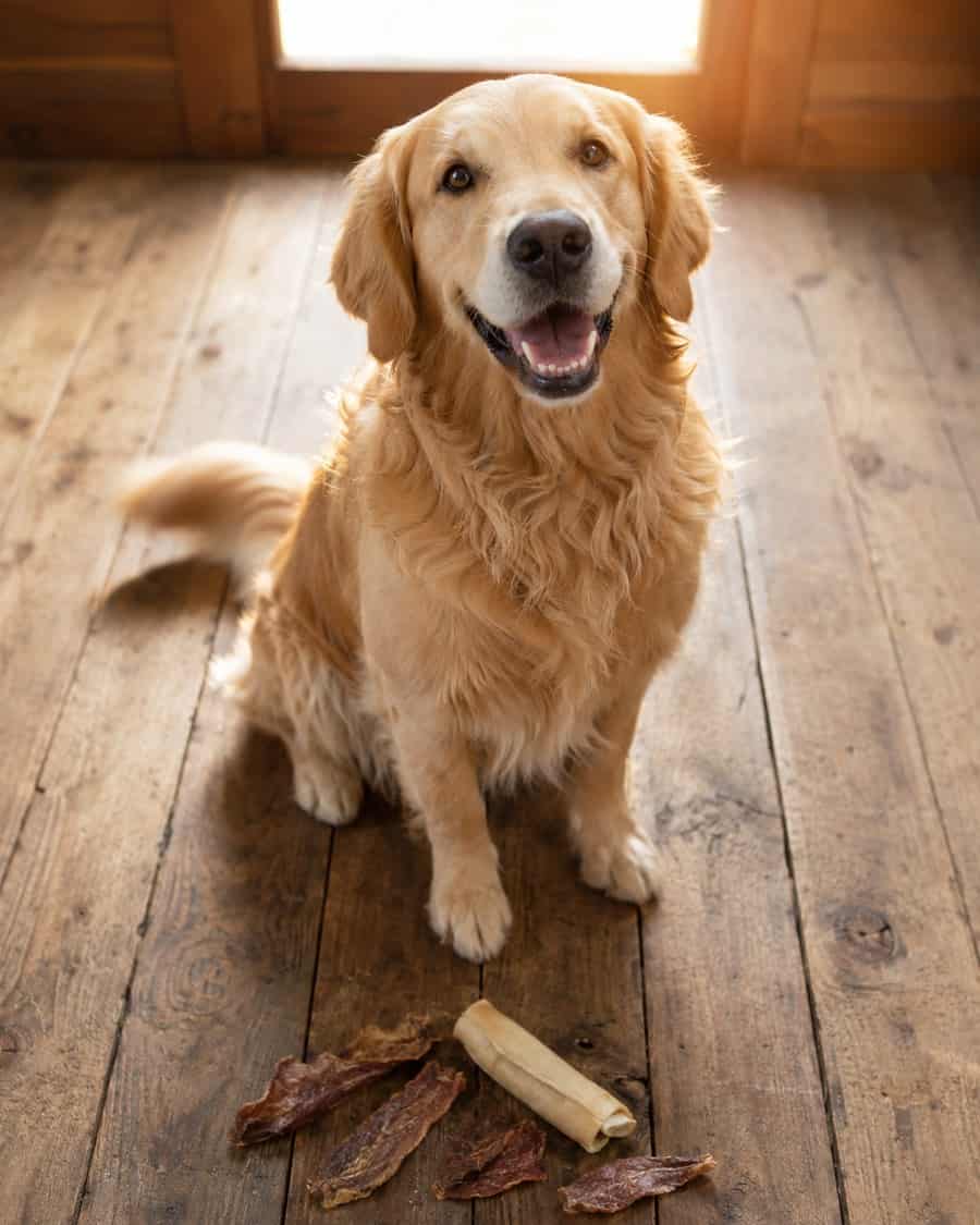 Golden retriever sitting happily beside natural air-dried dog treats on a wooden floor