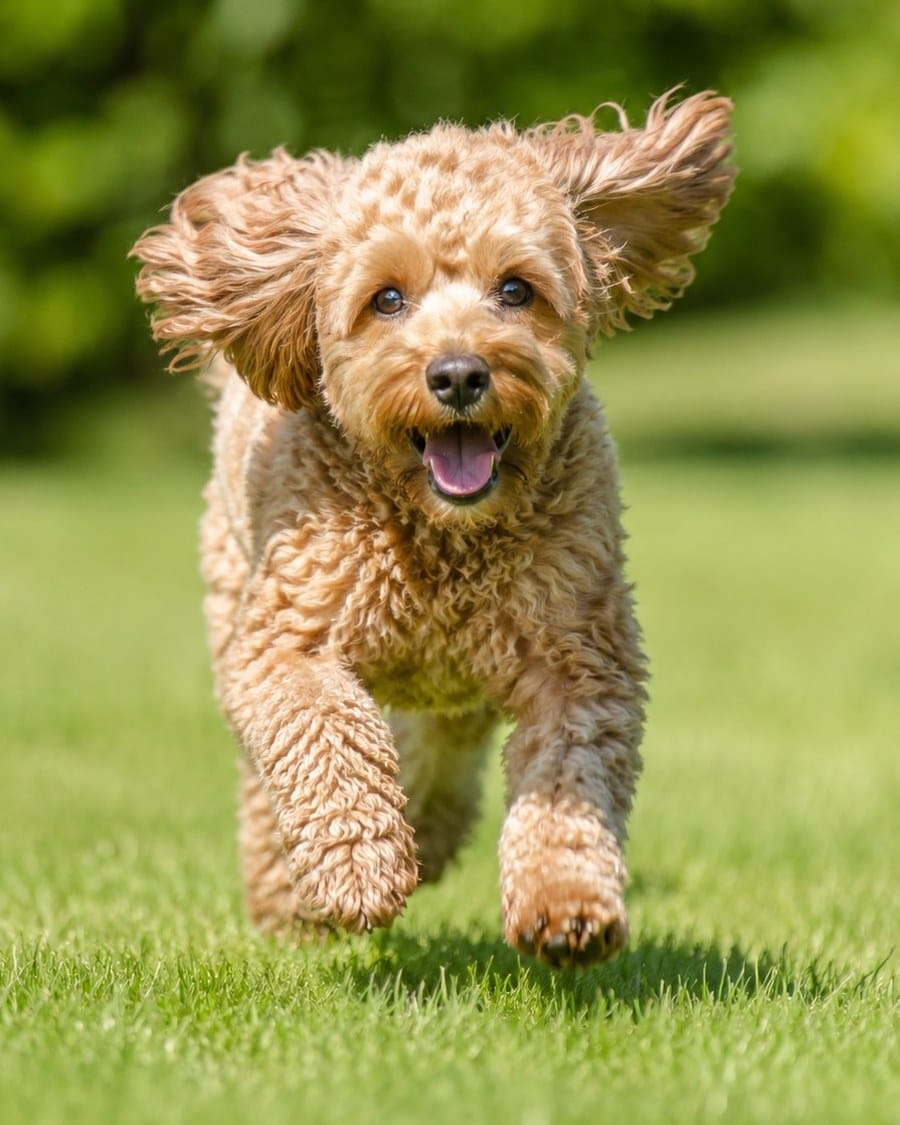 Apricot cockapoo running joyfully across green grass with ears flying