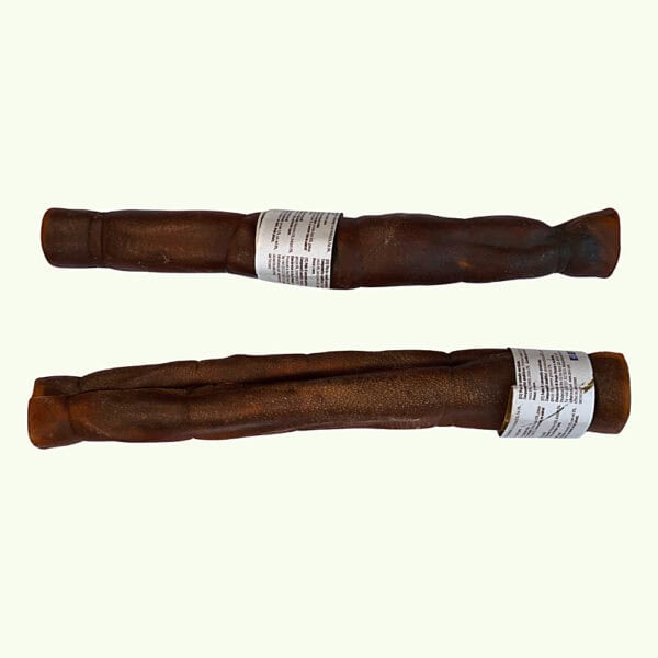 Two medium camel skin rolls showing the natural twist and colour of the dried camel hide