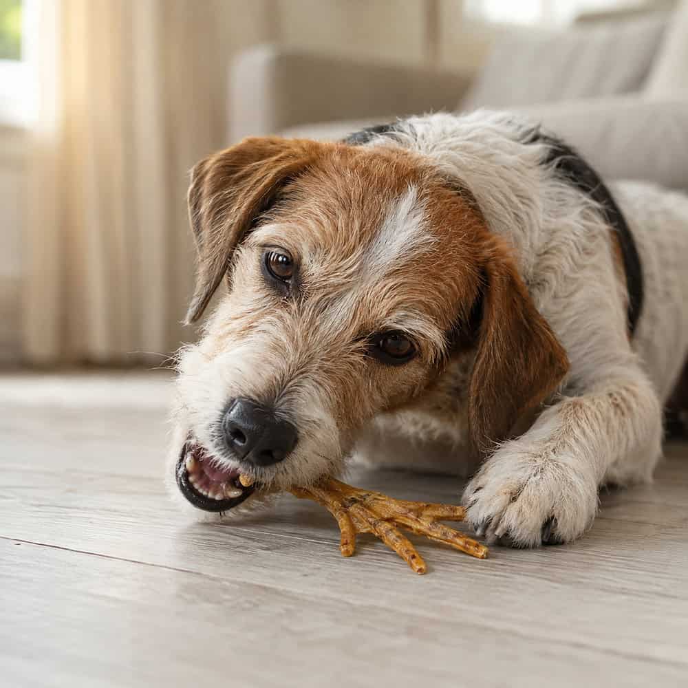 A wire haired terrier lying on a wooden floor eating a dried chicken feet dog treat