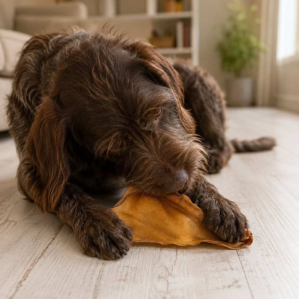 A scruffy brown family dog lying on a wooden floor chewing a Cows Ear dog treat