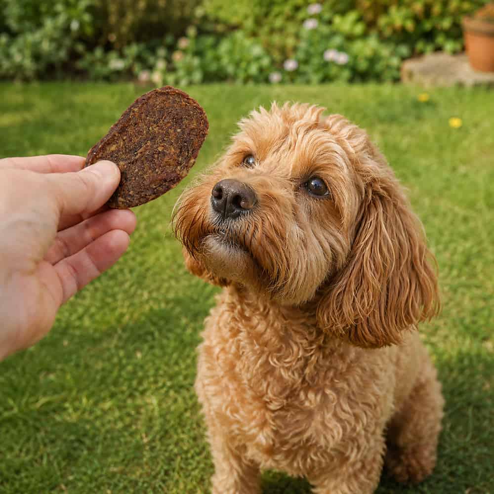 An apricot cockapoo looking up at a duck and chicken grill treat being offered by hand in a sunny garden