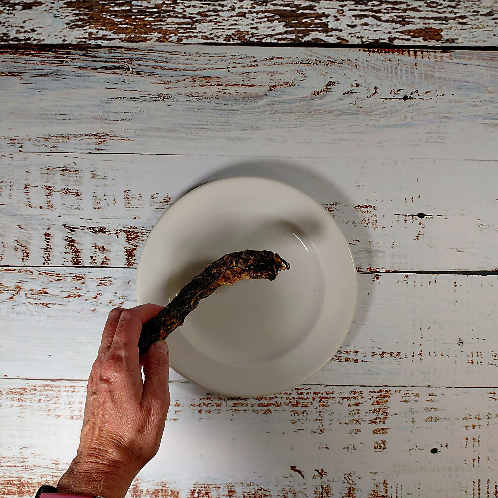 A hand holding a duck neck dog chew above a cream plate to show its length