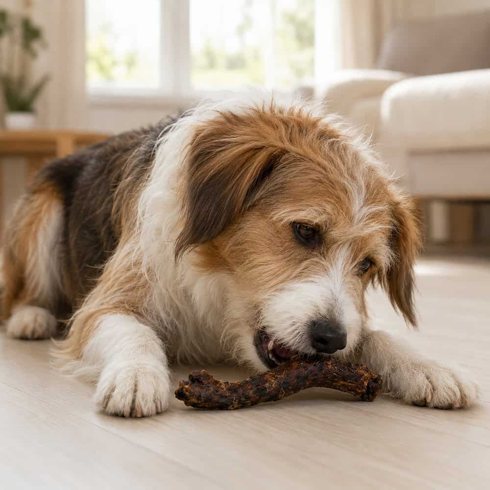 A scruffy tan and white family dog lying on a wooden floor chewing a duck neck dog treat