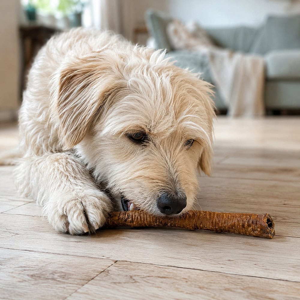 A scruffy cream family dog lying on a wooden floor chewing a Lamb Tube dog treat