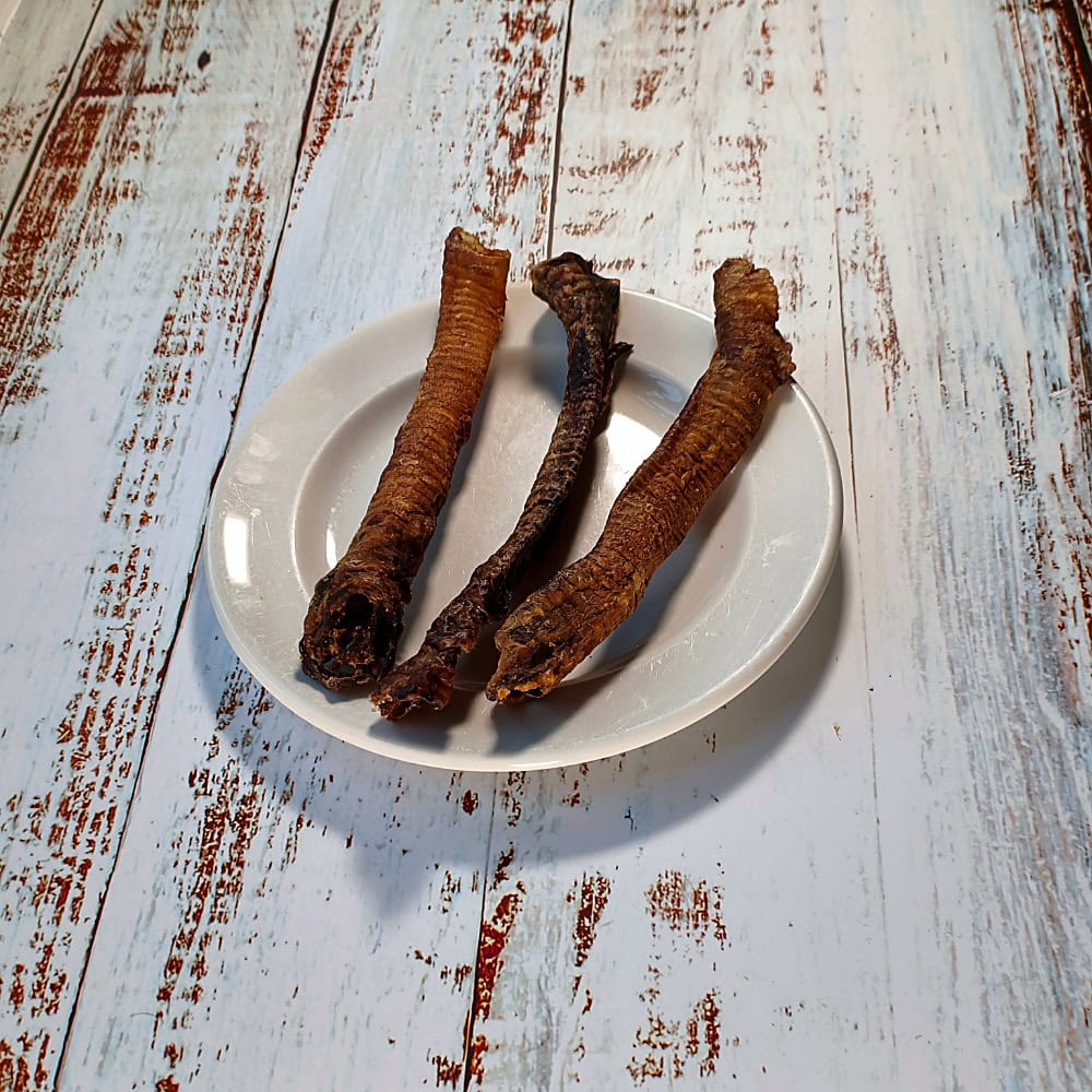 Three Lamb Tubes dog chews on a cream plate, showing natural variation in size and colour