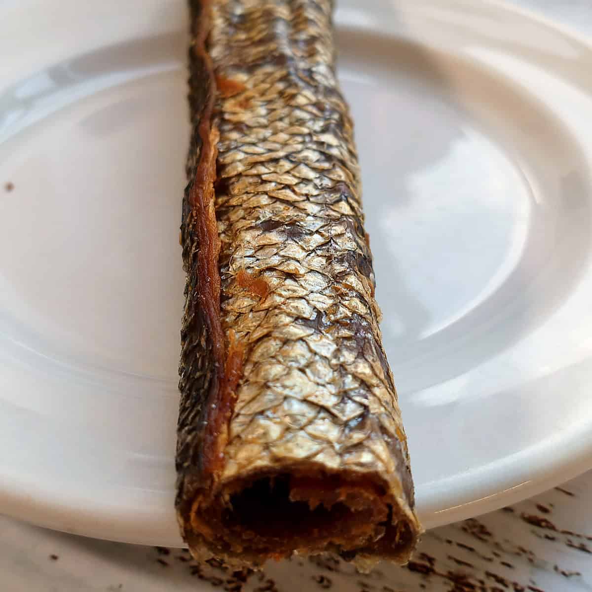 Close up of a salmon skin roll showing the hollow centre
